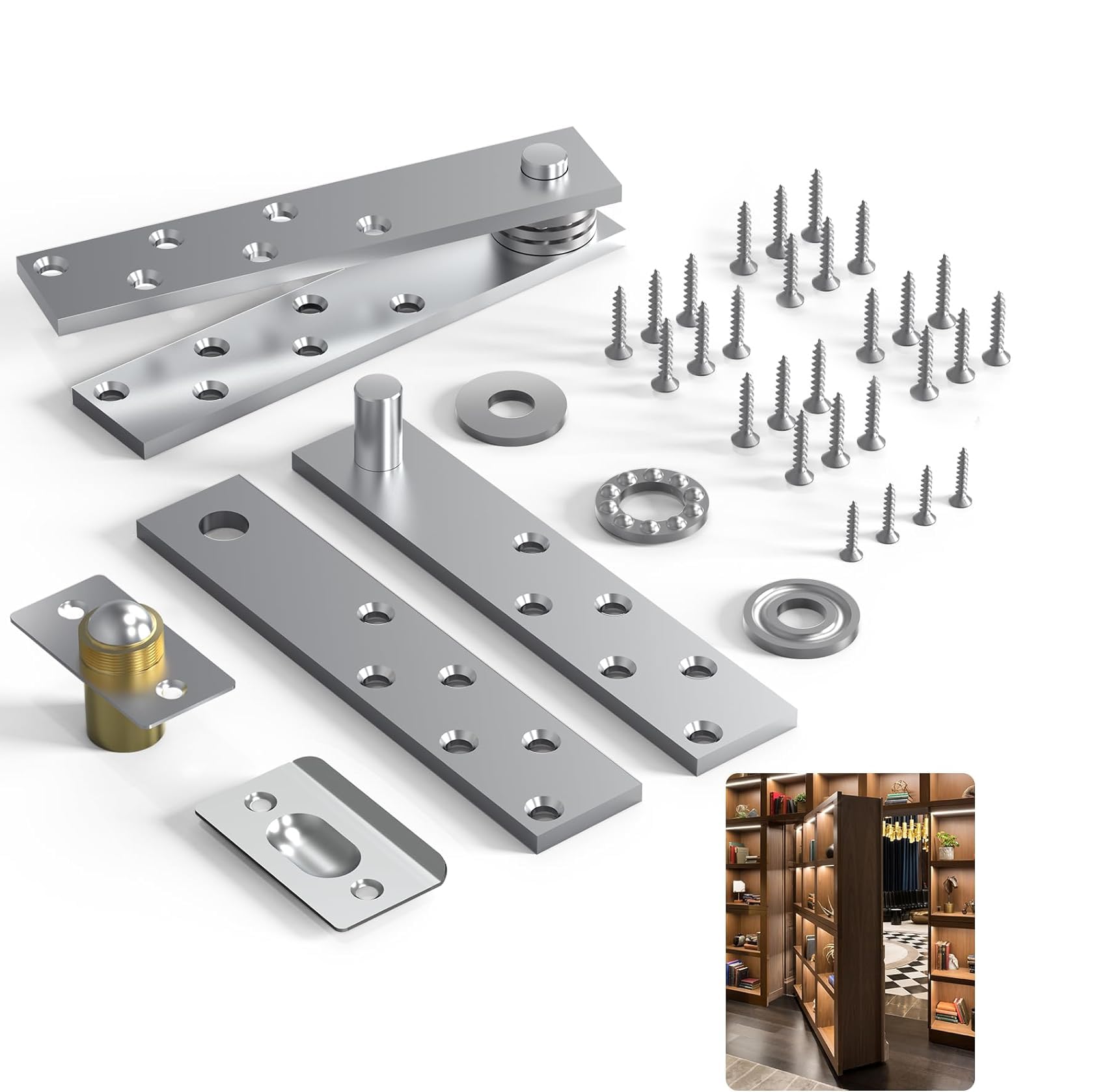 Fenghome Pivot Hinge, Heavy Duty 360° Adjustable Rotation 300lbs, Stainless Steel Hidden Door Hinges for Wood Secret Doors/Bookcase — image 1