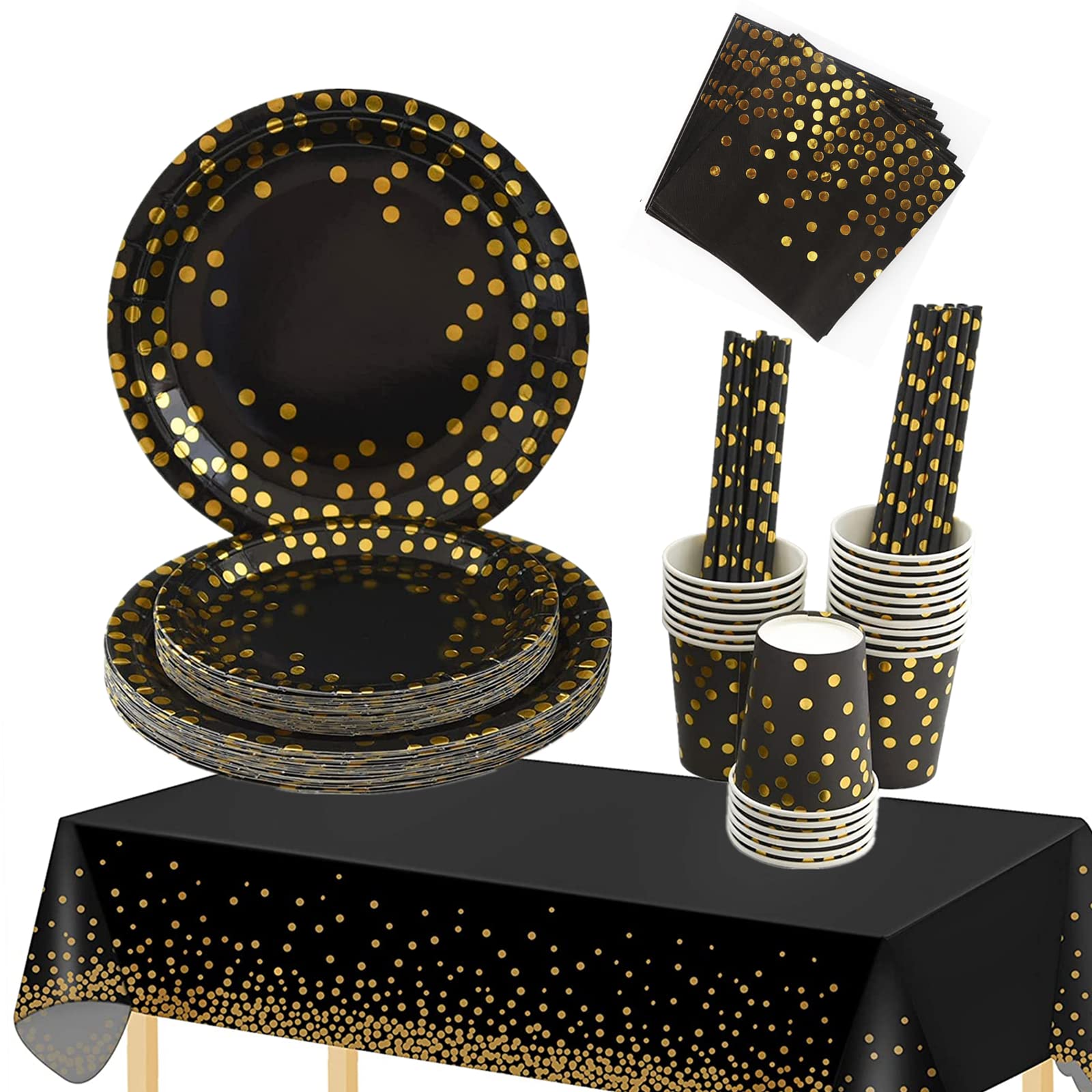 TOPWAYS Black Gold Birthday Decorations Party Tableware Set, Disposable Paper Party Plates Cups Napkins Tablecloth for Birthday Decorations Weddings Picnics Anniversary (16 Guests)
