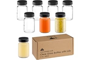 VOLCANOES CLUB 2oz Glass Jars with Lids - Glass Shot Bottles Set for Liquids, Juicing, Ginger Shot, Sample - Small Containers with Screw Caps - Clear Mini Round Bottles - Leakproof/Wide Mouth - 8 pack