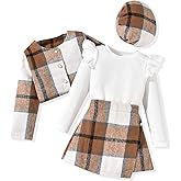 HINTINA Toddler Girl 4 Pieces Outfits Ruffles Long Sleeve Tops Plaid Skirt Jacket And Hat Fall Winter Clothes Set