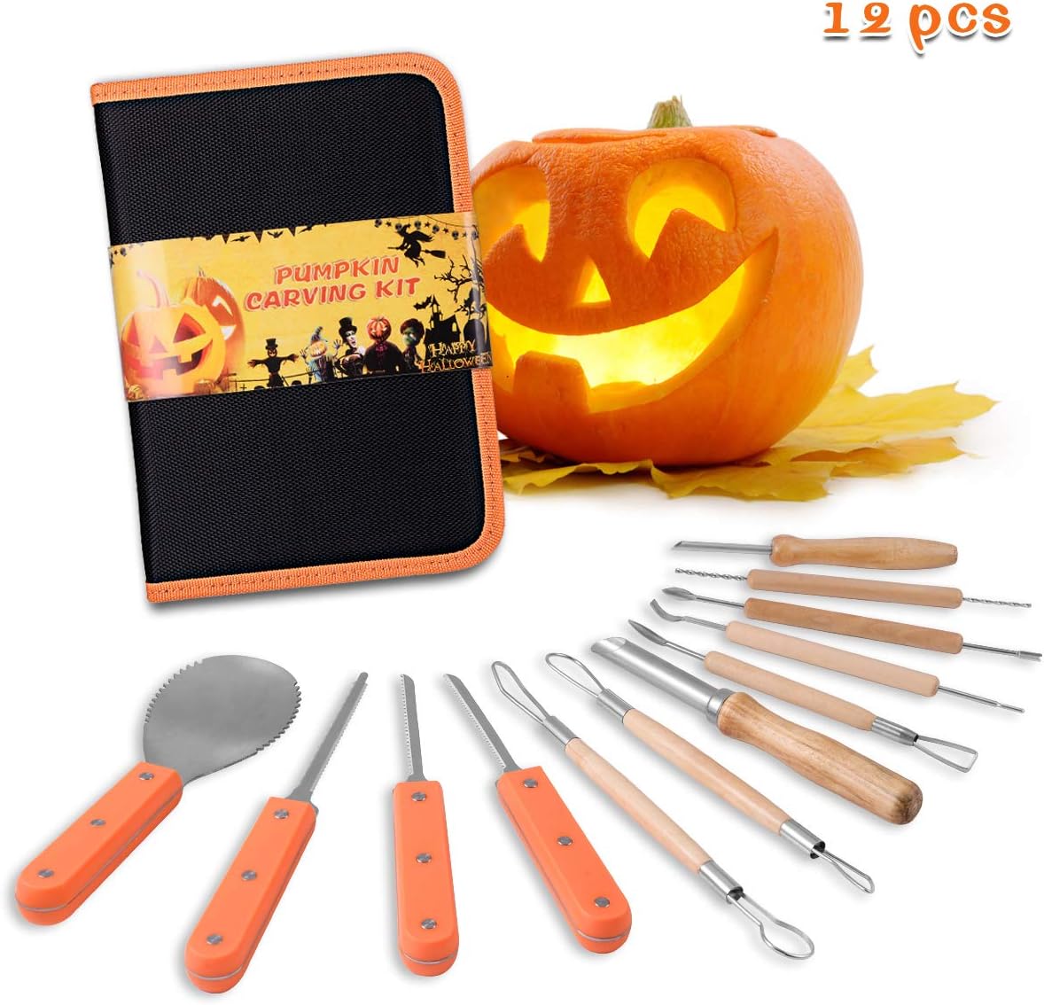 Kearui Pumpkin Carving Kit, Includes 12 Pcs Stainless Steel As a Carving Set for Pumpkin Halloween Decoration Easily Sculpting Jack-O-Lanter Pumpkin Decorating Kits