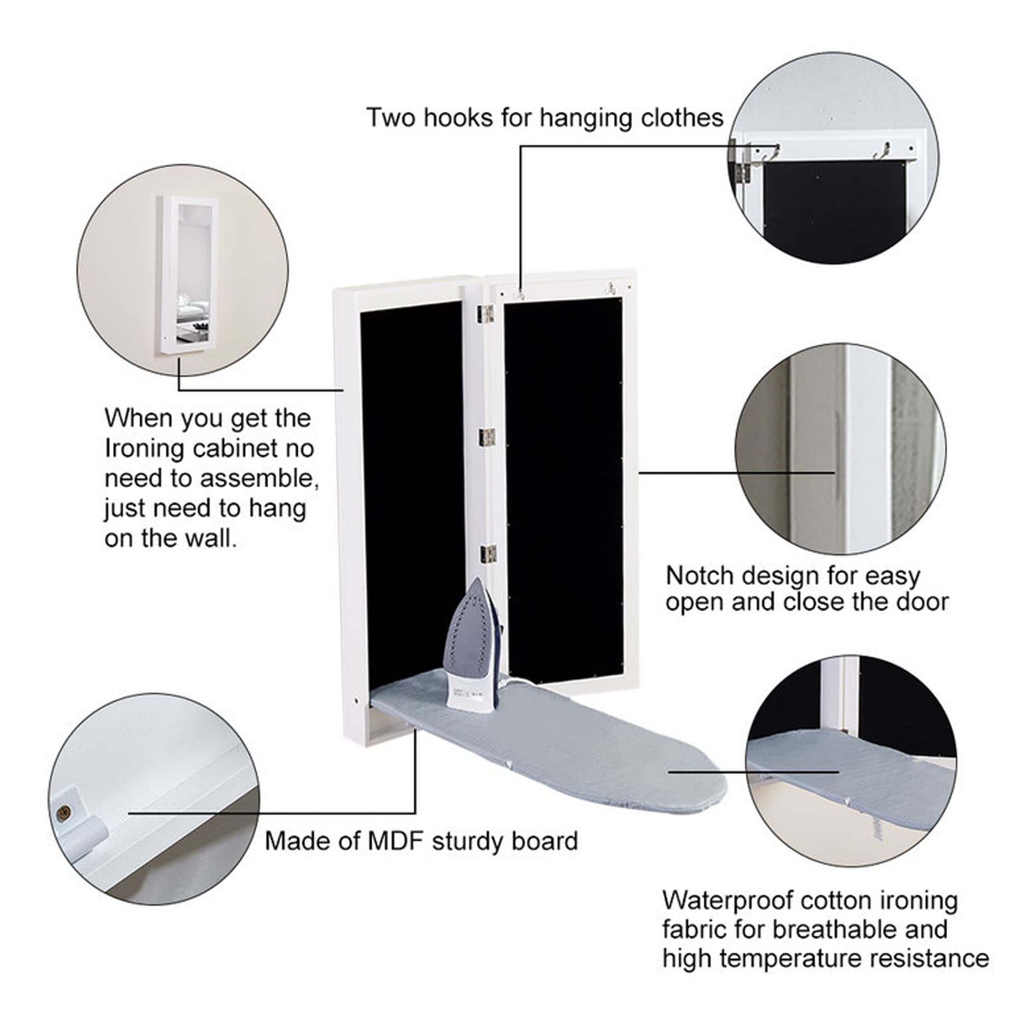 Slim Wall Mounted Ironing Board Cabinet, Foldable Ironing Board, Mirrored Door, White