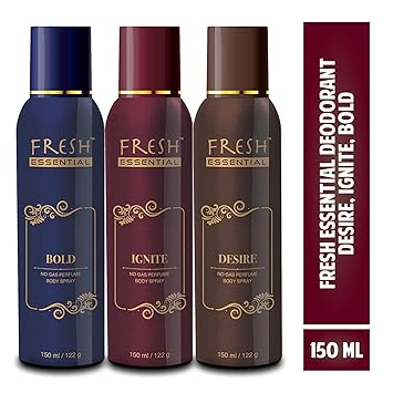 Fresh Essential No Gas Perfume Body Spray, 150 ml (Desire, Ignite, Bold - Pack of 3)