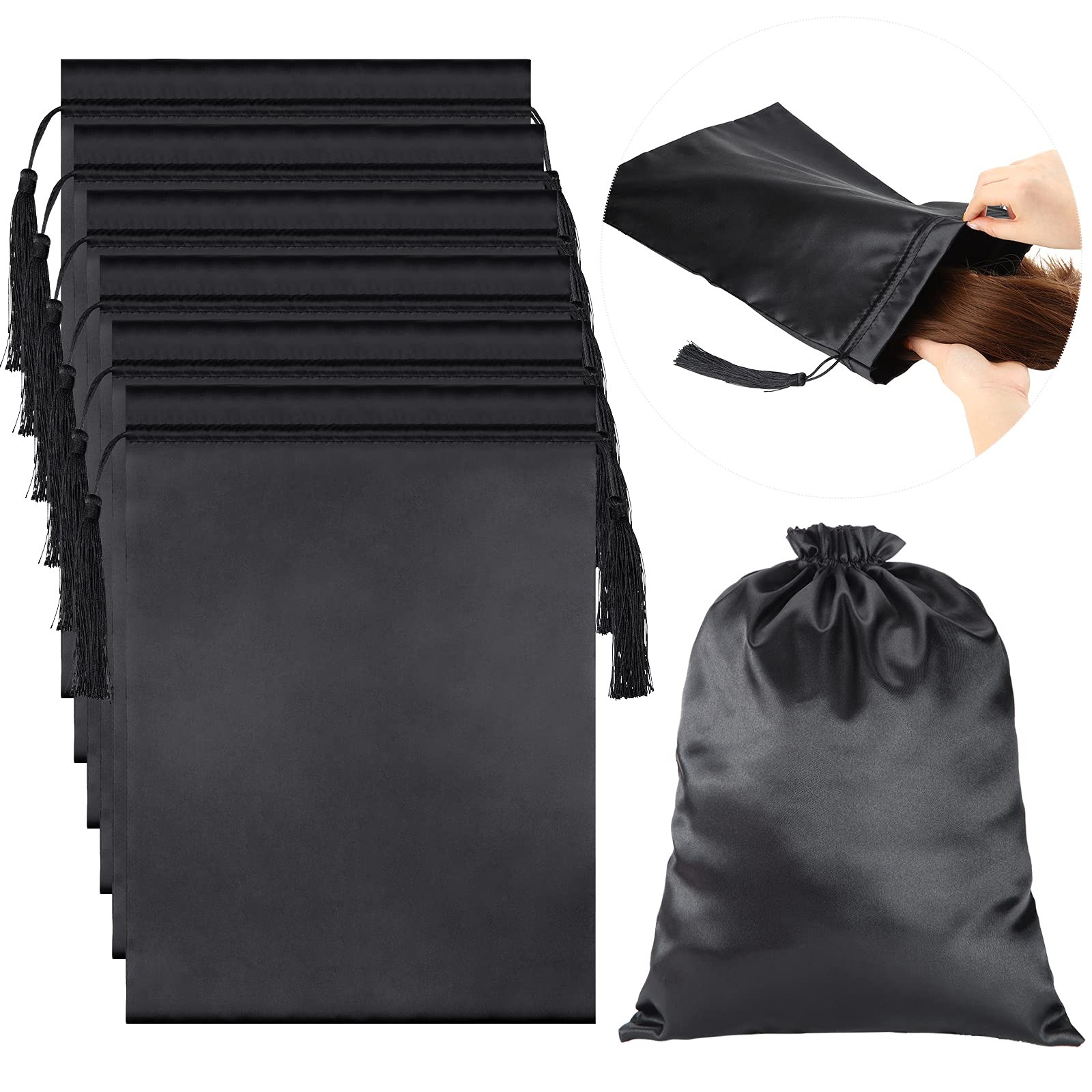 6 Pieces Satin Wig Bags Soft Silky Pouches with Drawstring Tassel Packaging Hair Extensions, Bundles, Wigs Bags Hair Tools Storage Bags for Home and Salon Use, Black