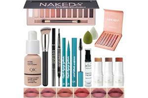 ARINDAR All In One Makeup Kit Full Kit, 3 Pcs Cream Contour Sticks,12 Colors Eyeshadow Palette,Full Coverage Foundation, 6 Colors Lipstick Set, Waterproof Eyeliner and Mascara(102# Nude)