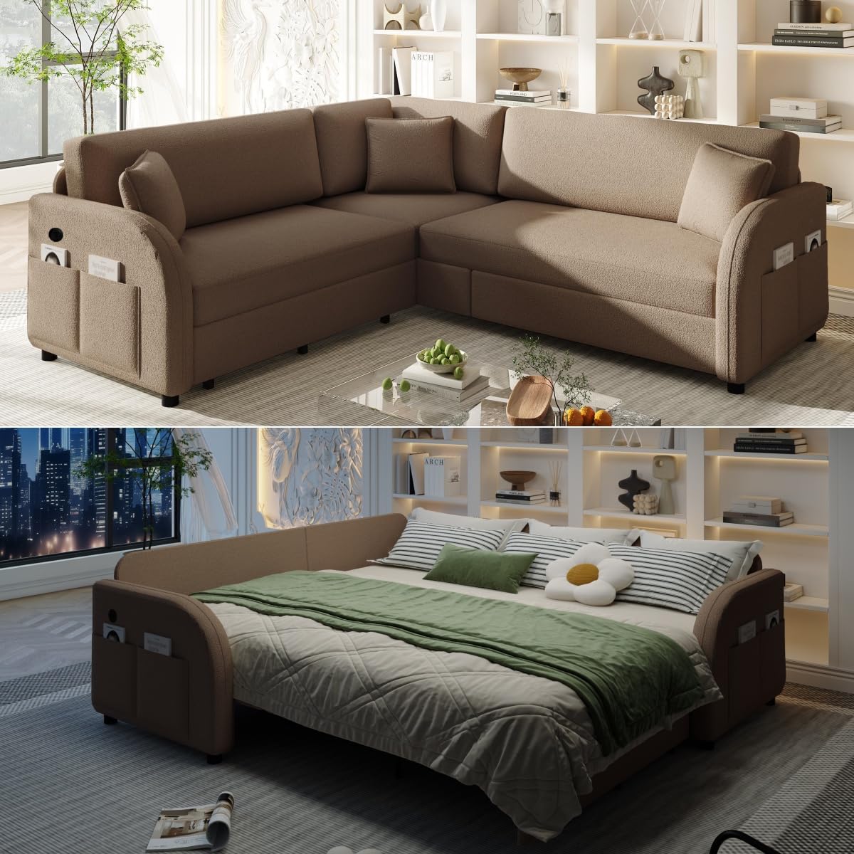 Photo 1 of **Many pieces are missing.
KEIKI 85" L-Shaped Sectional Sofa Bed for Urban Apartments, Space-Saving Pull-Out Sleeper Couch with Reversible Chaise, USB Port & Storage Pocket