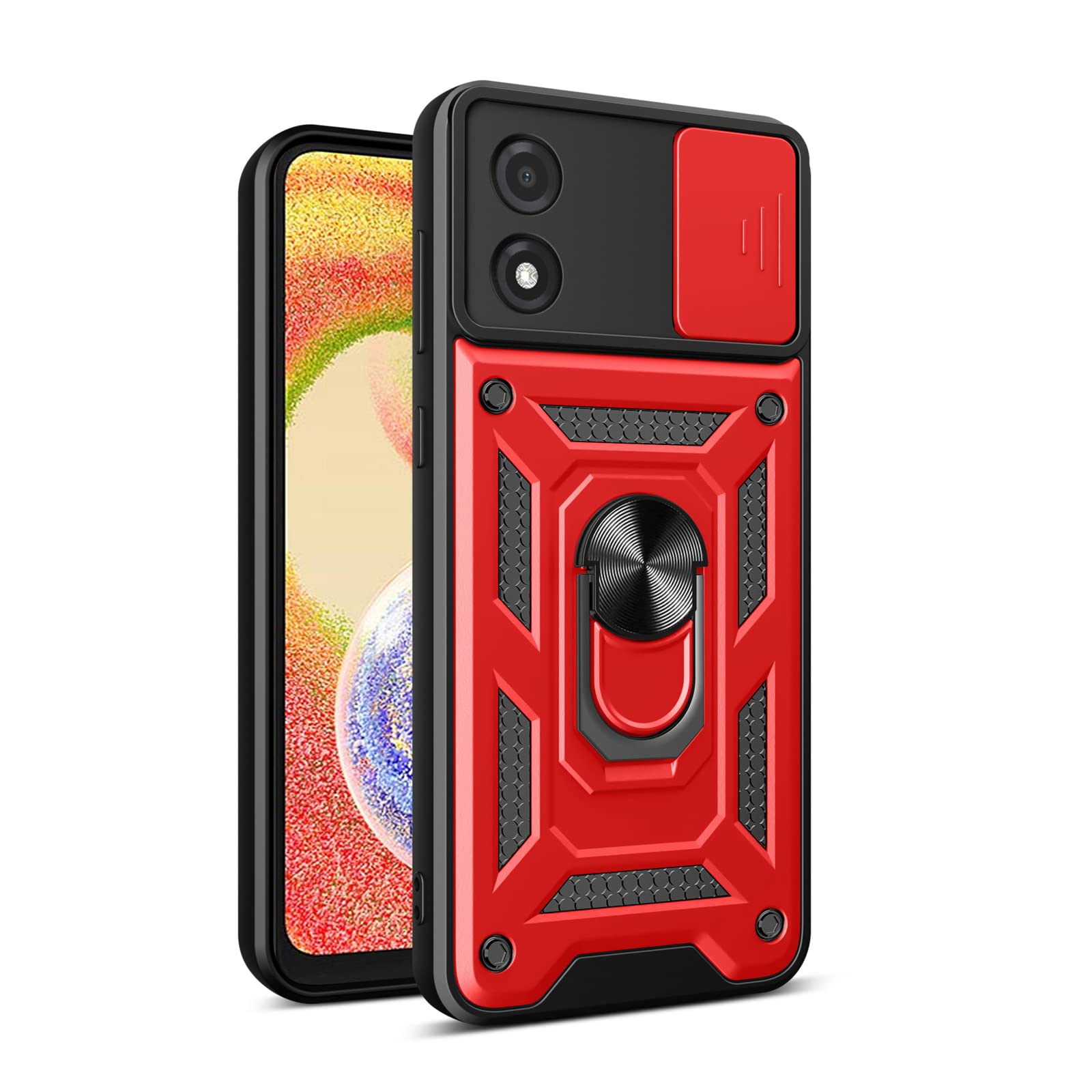 JOMA-E Shop Moto E13 Heavy Duty Shockproof Cam Shield Armor Case with 360° Ring Kickstand Holder TPU & PC Combination Protective Case for Motorola Moto E13 4G 6.5" (Red)