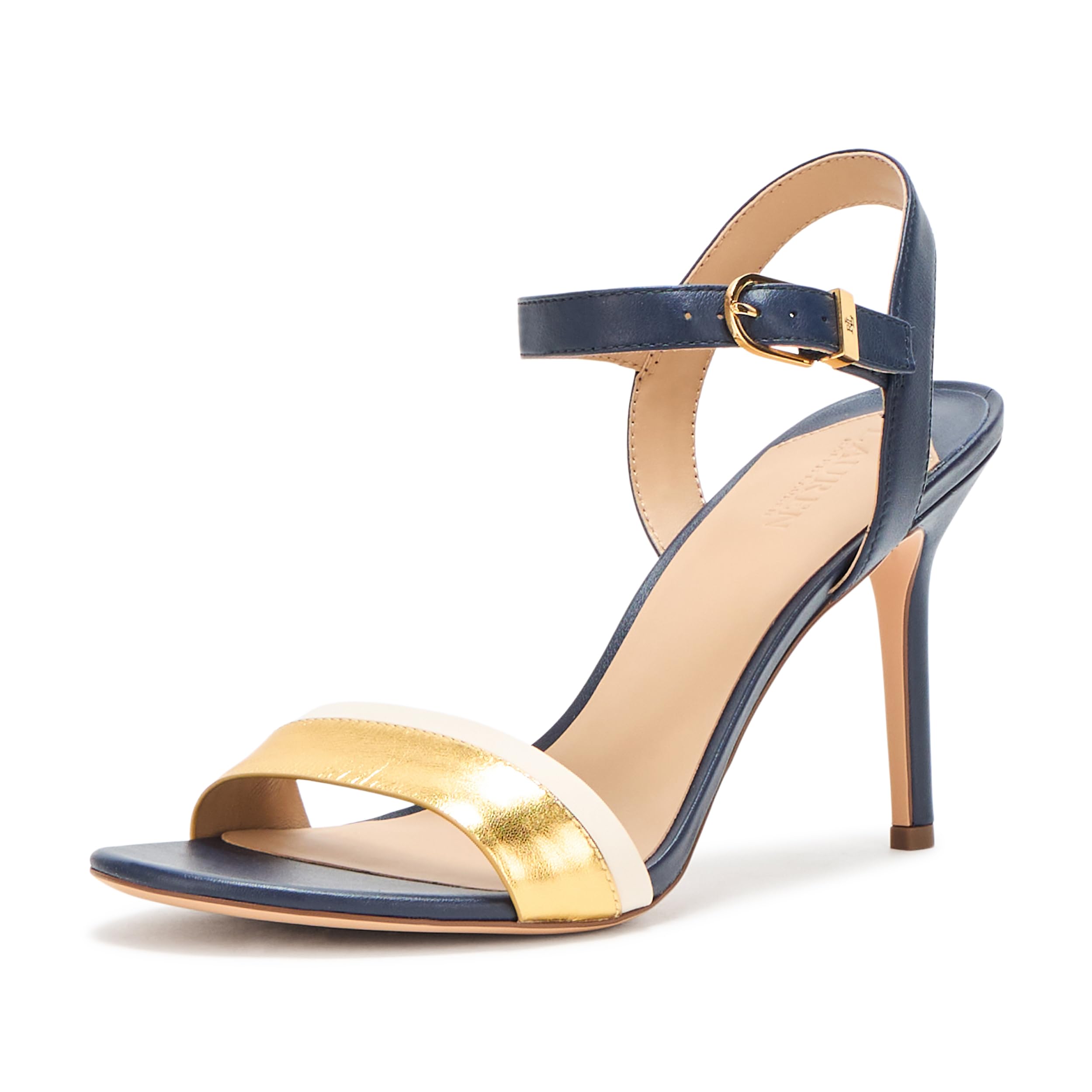 Photo 1 of Lauren Ralph Lauren Women's Gwen Color-Blocked Nappa Leather Sandal, Refined Navy/Modern Gold/White, 8