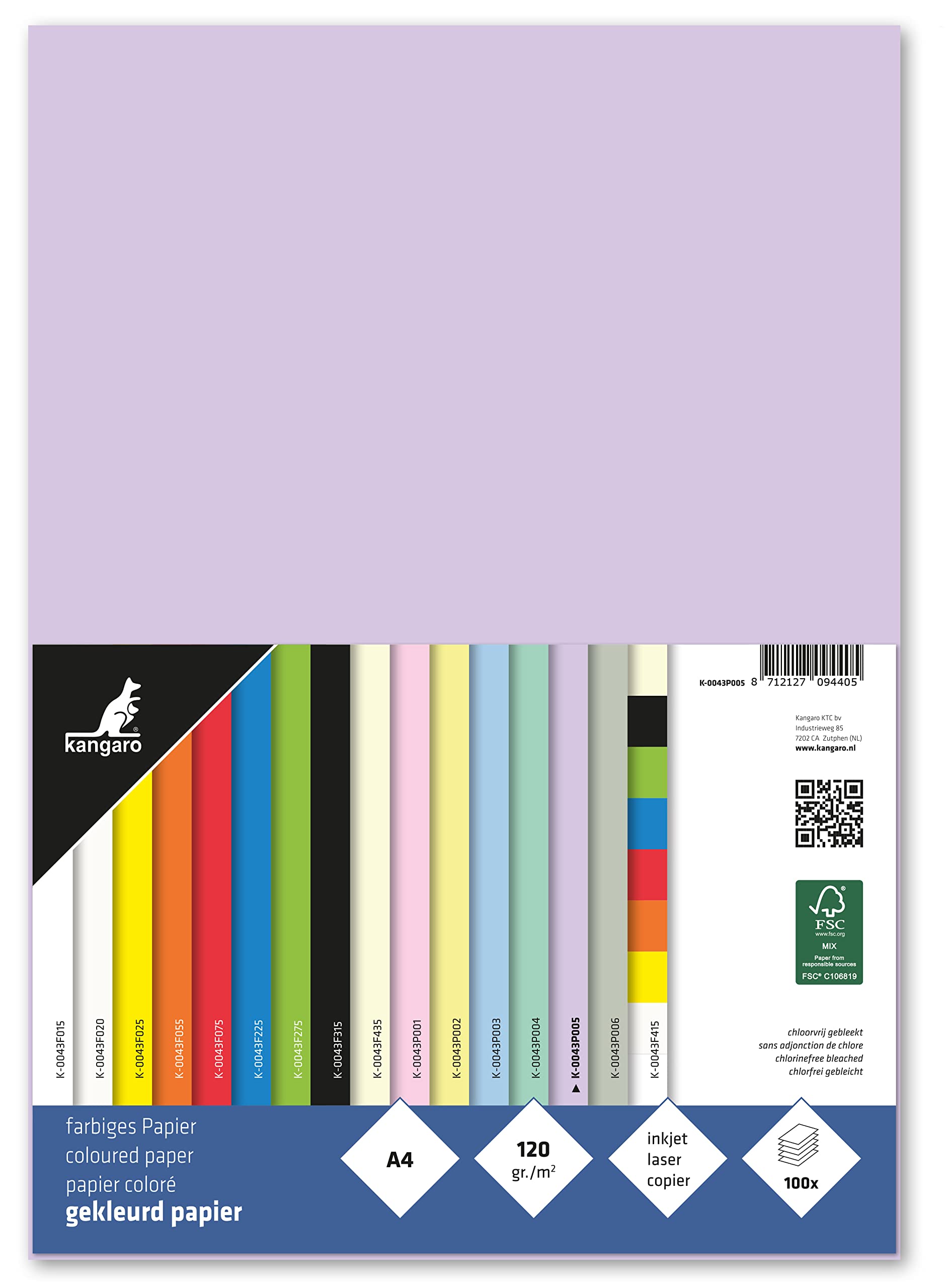 Kangaro - Coloured Paper Pastel Lilla DIN A4-120 g/m² FSC Mix - 100 Pack - Stationery Craft Paper, K-0043P005