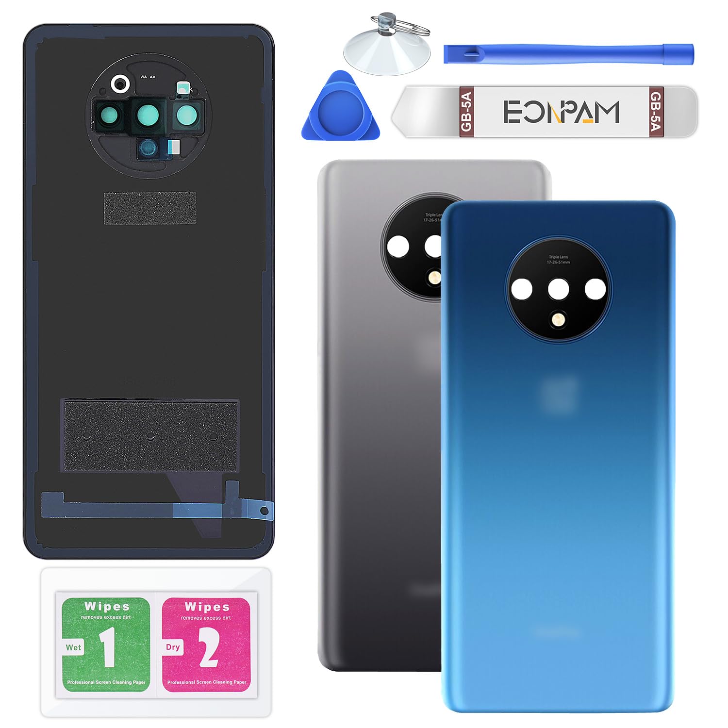 Eonpam Back Cover Glass for OnePlus 7T Rear Glass Replacement with Camera Lens + Repair Kit Genuine Rear Housing (Blue)