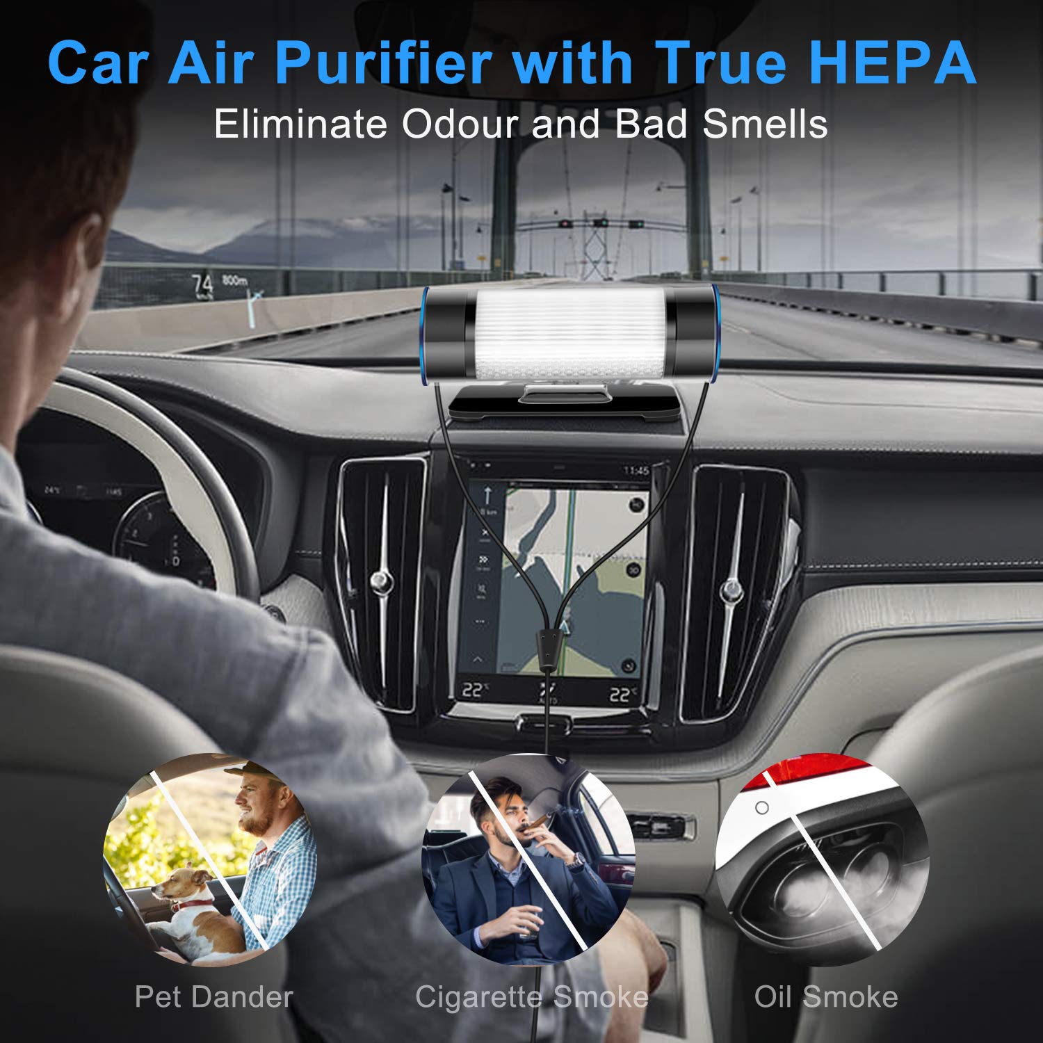 QUEENTY Car Air Purifier - True HEPA & Active Carbon Filter, Automotive Car Air Freshener for Allergies, Small Room, Home, Office, Remove Dust, Smoke, Pollen, Odors, Smell, With USB Cable, Car Charger