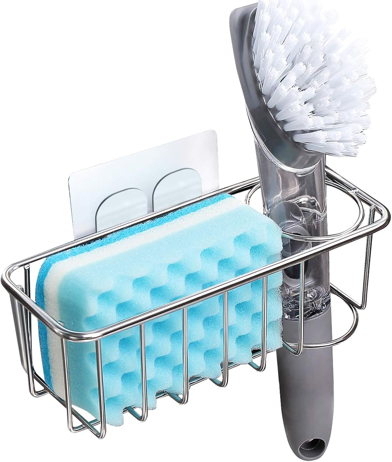 KESOL Adhesive Sponge Holder + Brush Holder, 2-in-1 Sink Caddy, SUS304 Stainless Steel Rust Proof Water Proof, No Drilling -