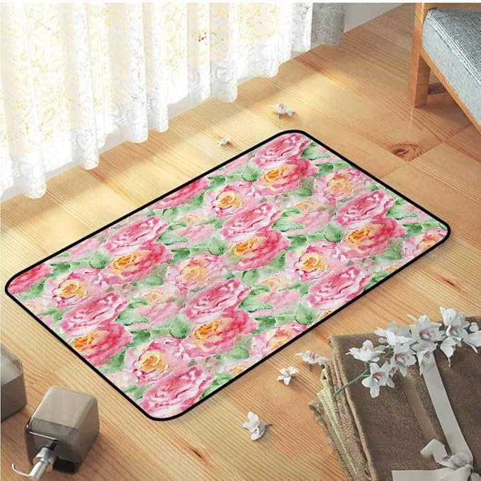 Watercolor Flower Bathroom Bath mat, Rose Flower