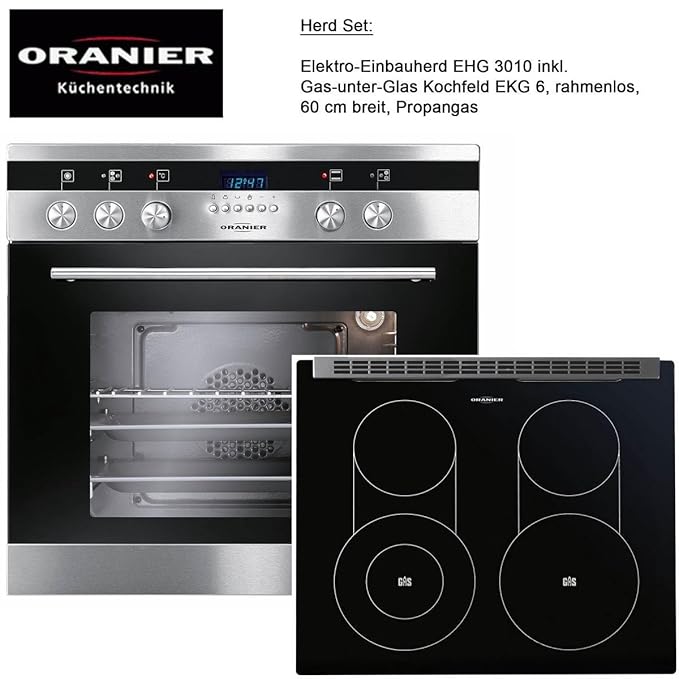 Einbauherd inkl. Kochfeld rahmenlos / Gas unter Glas Kochfeld / 60 cm breit / Propangas / im Set von Oranier