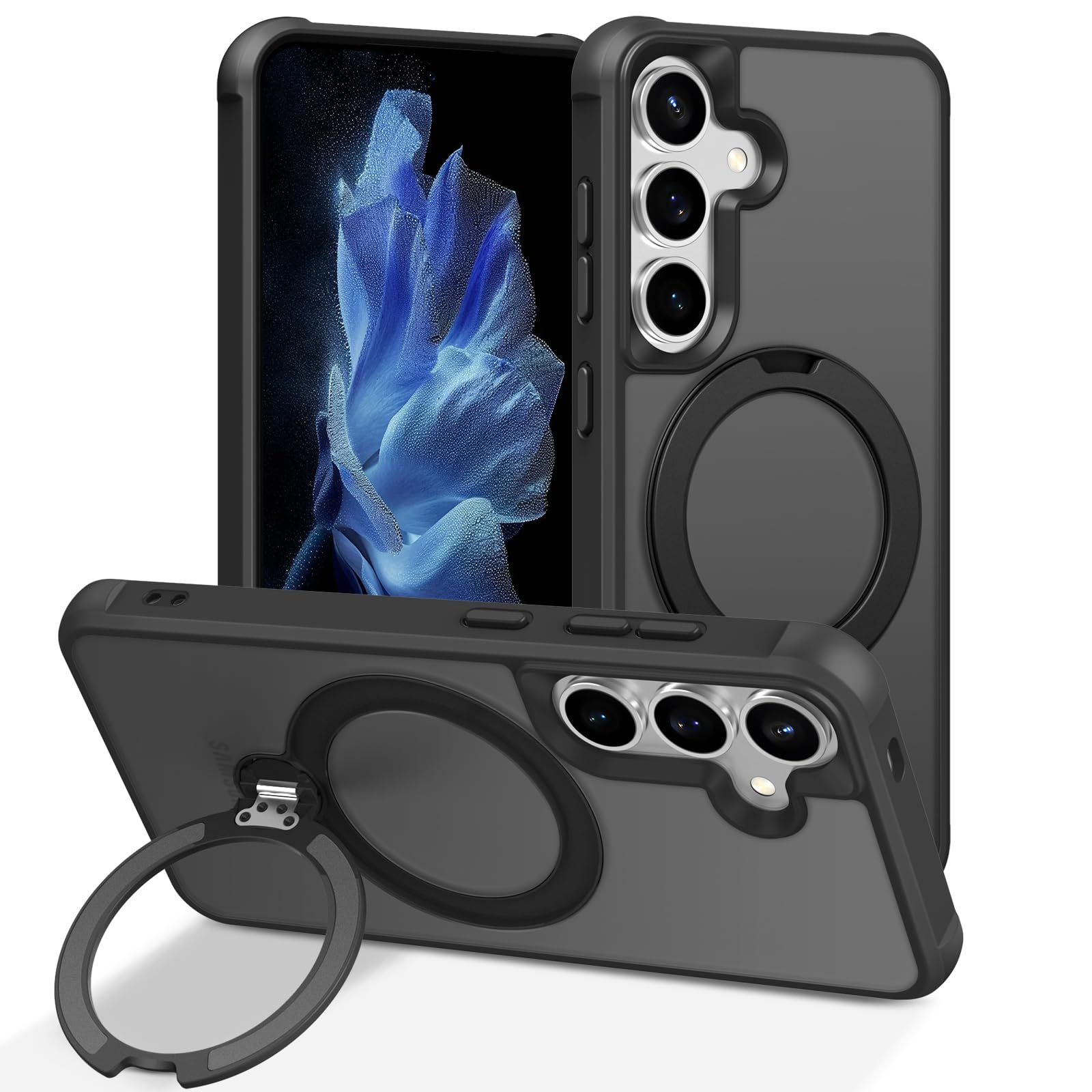 PIXIU 360°Spin Magnetic Stand for Samsung Galaxy S24/S25 Case with Invisible Kickstand Rotatable,[Fit for Magsafe] Slim Cute Matte Translucent Military Grade Shockproof Phone Cover-Black