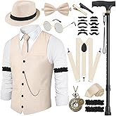 VillbeCoser 1920s Mens Costume Roaring 20s Costumes Accessories Set 1920s Vest Suspenders Hat Pocket Watch Tie