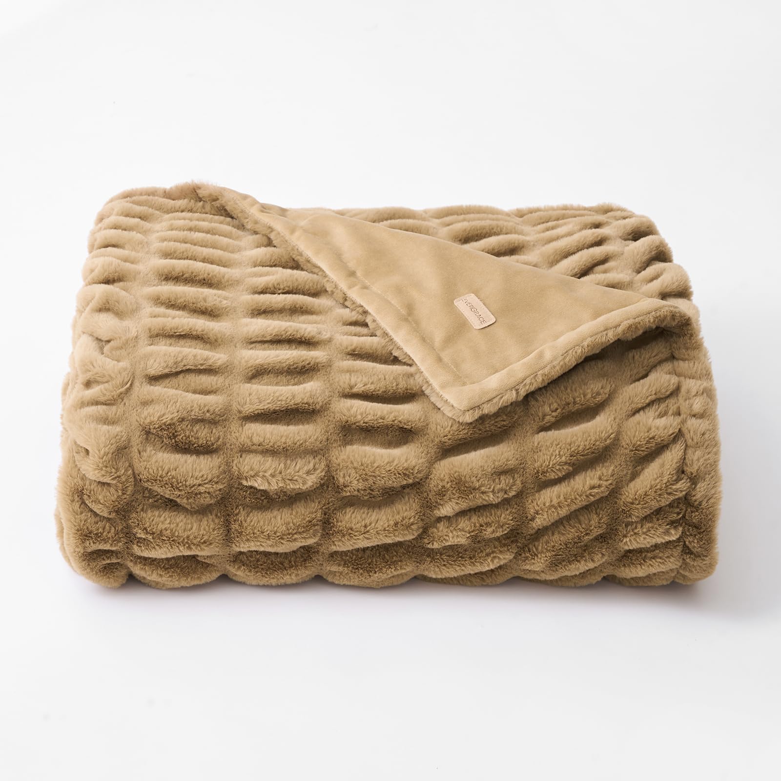 Photo 1 of EVERGRACE Luxurious Soft Faux Rabbit Fur Throw Blanket, Cozy Fuzzy Plush Warm Throws for Couch Bed Sofa Chair Home Decor, Ruched Bubble Fluffy Blanket with Reversible Velvet, 50" x 60", Camel