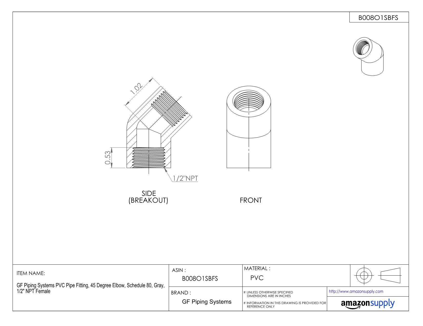 GF Piping Systems PVC Pipe Fitting, 45 Degree Elbow, Schedule 80, Gray