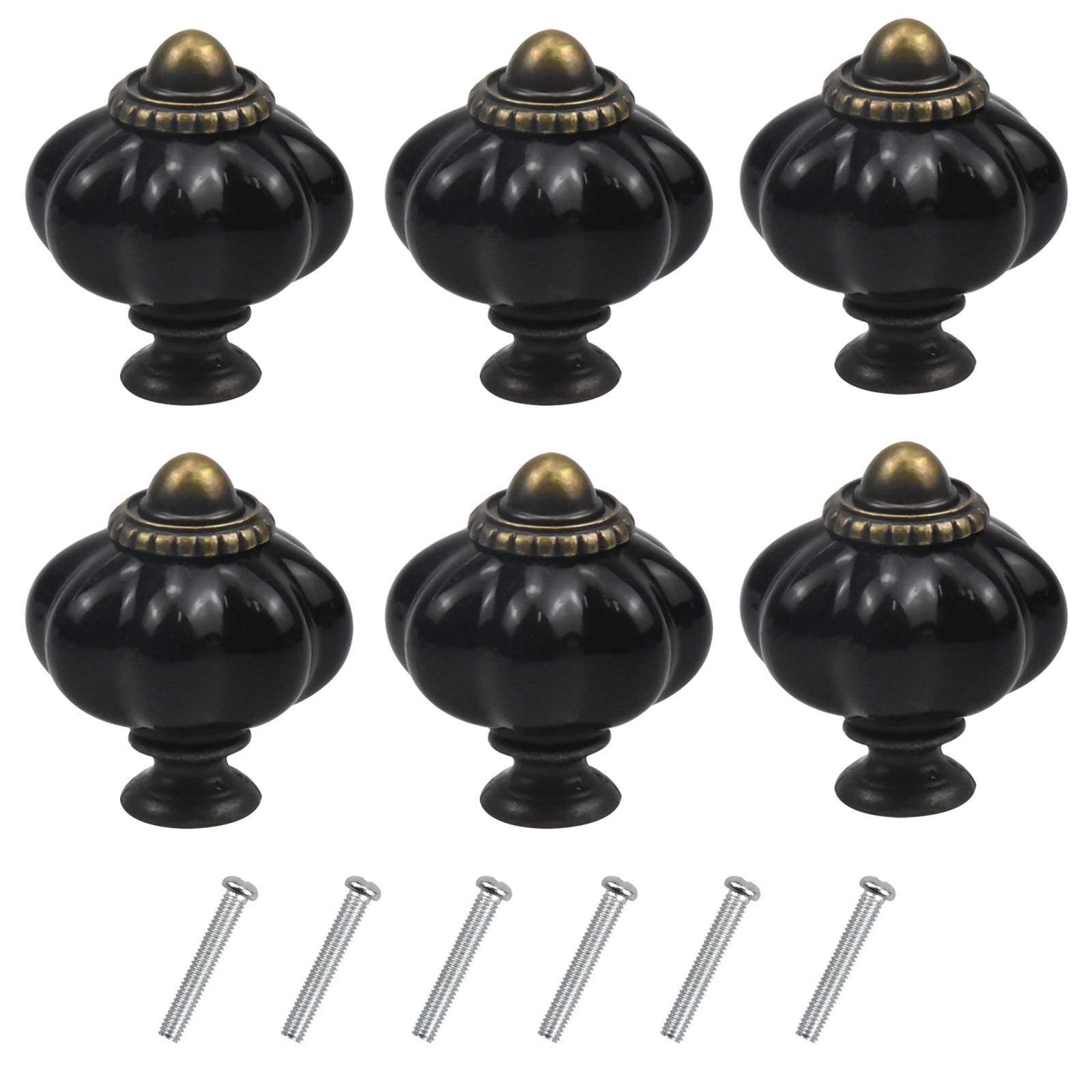 6 Pcs Vintage Pumpkin Cabinet Knobs, Antique Drawer Knobs Acrylic Handles Pulls with Screws for Cupboard Dresser Furniture Closet Wardrobe (Black)