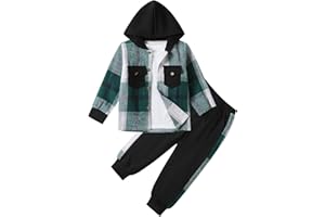 Sislerew Toddler Boy Clothes Plaid Hooded Shirt White T-shirt Top and Solid Color Pants 3Pcs Winter Boys Clothes