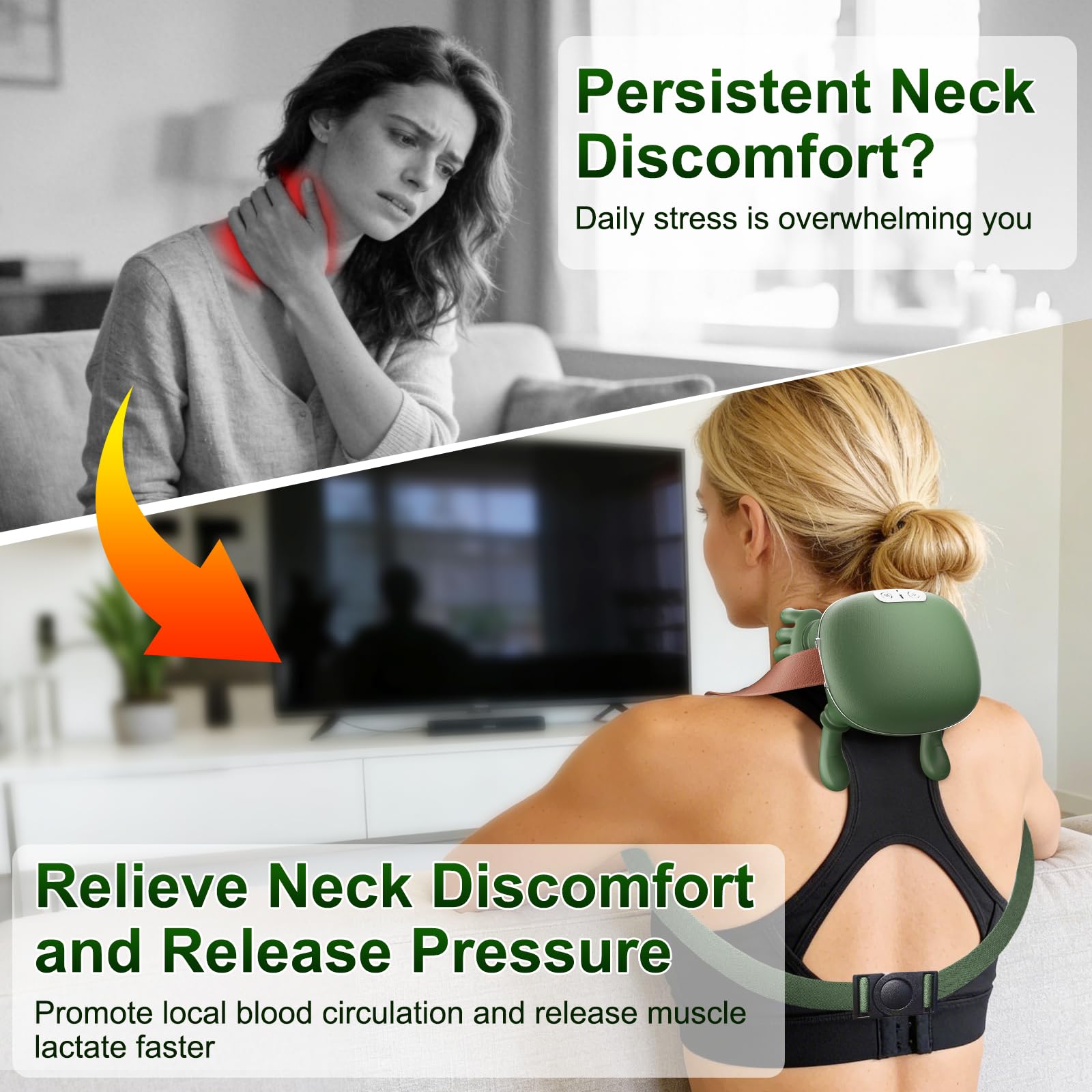 Nooydio Neck Massager, Neck and Back Massager with Heat & 4D Kneading, Shiatsu Deep Tissue Wireless Massager for Shoulder Cervical Pain Relief, Portable Rechargeable for Home Office (Green)