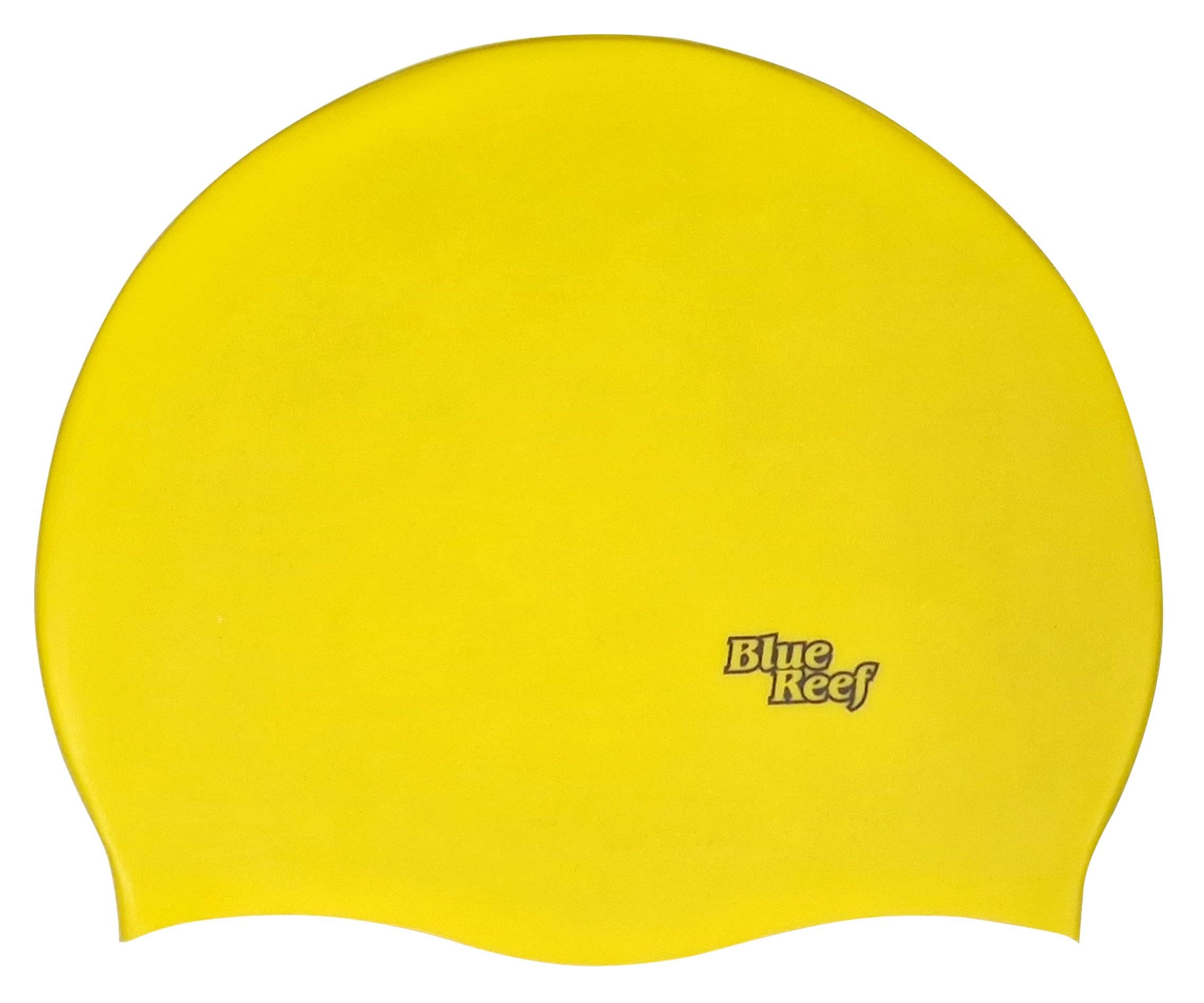 Blue Reef Stretchy Silicone Unisex Women Men One Piece Swimming Hat Swim Cap Plain Branded Fluo Dark Classic Colours One Size Adults 8+ Years Easy Pull On Swim Hat (Yellow)