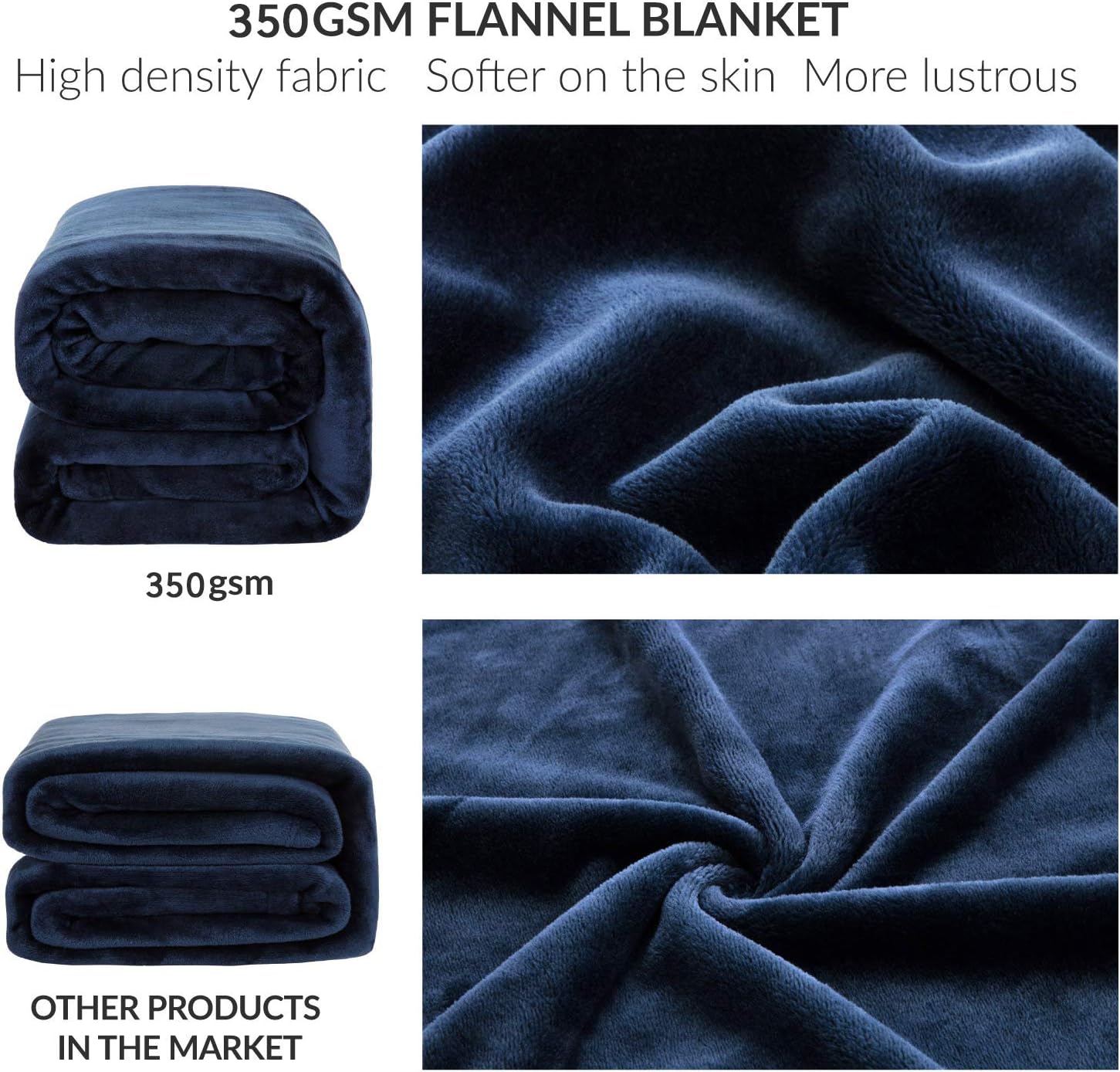 Bedsure Flannel Fleece Blanket 350GSM - Super Soft Warm Thick All Season Blanket for Couch Sofa Bed Traveling - Reversible Plush Bed Blankets, Queen Blanket 90x90 inches, Navy Blue: Home & Kitchen