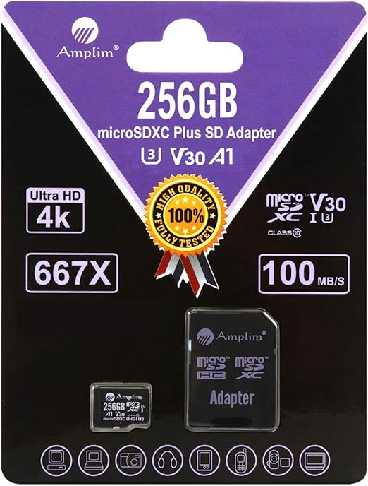 Amazon Com Amplim 256gb Micro Sd Card Plus Adapter Pack Pro 256 Gb Microsd Sdxc Card V30 U3 A1 C10 Extreme Speed 100mb S Uhs I Tf Xc Microsdxc Memory Card For Cell Phone