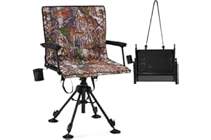 YODOLLA 360° Silent Swivel Camo Hunting Chair, Adjustable Height, Folding Ground Seat w/Armrests, Telescopic Legs, Duck Feet,