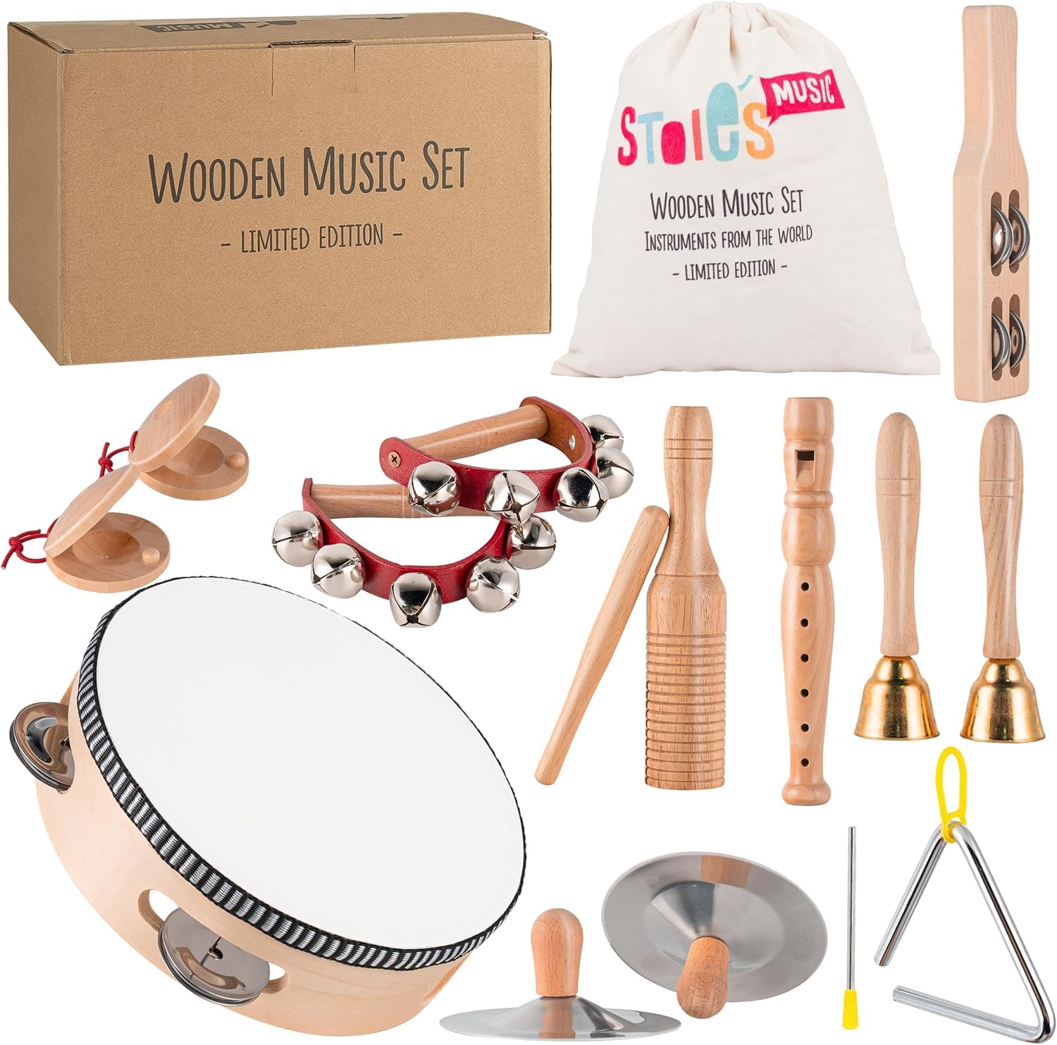 Stoie's Wooden Toddler Musical Instruments with Drum, Flute, Hand Bells, Cymbals, Castanets, Triangle, for Babies and Toddlers, Eco Friendly Montessori Educational Toy