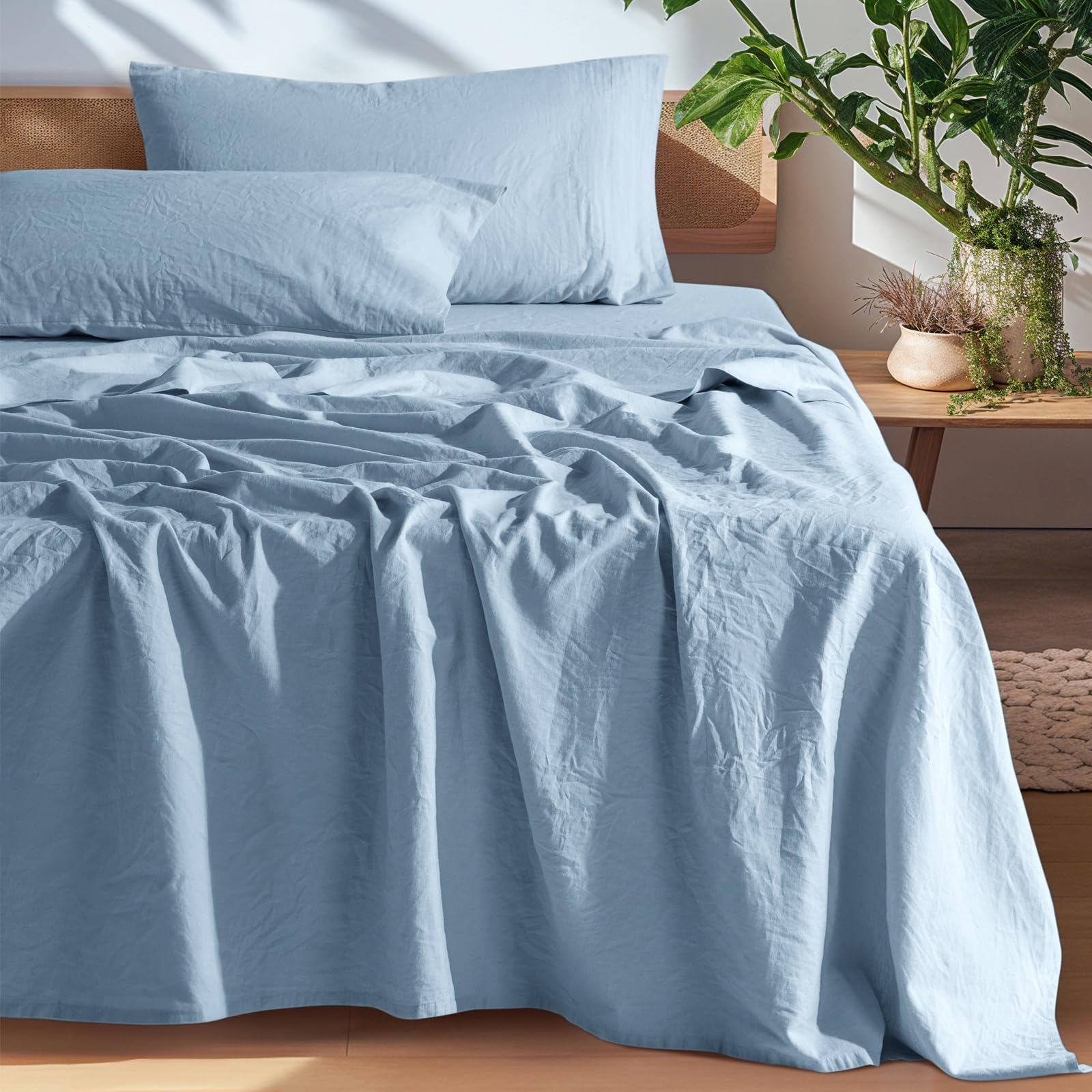 Photo 1 of SONORO KATE 100% French Pure Linen Sheets, Breathable and Durable, 16 Inch Deep Pocket - 4 Piece (Dusty Blue, California King)