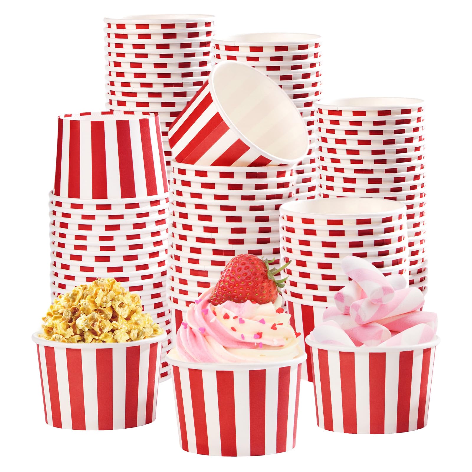Photo 1 of 120 Pcs Valentines Day Cream Cups 12 OZ Disposable Red and White Stripe Paper Dessert Ice Cream Cups Food Containers Red White Snack Bowls for Soups Hot & Cold Food Snack Valentine Party Supplies