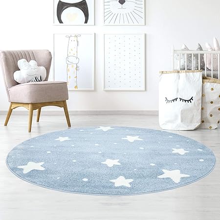 Taracarpet Kinderzimmer Teppich Dreamland kleine kleine Sterne und passende Punkte Blau Creme 150x150 cm rund