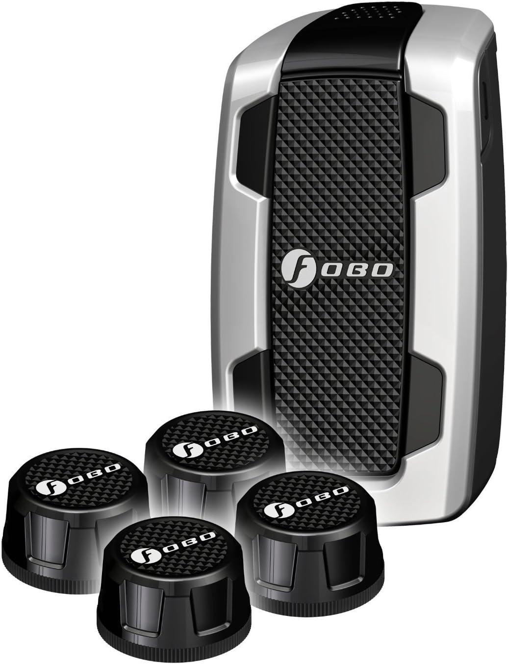 FOBO Tire Bluetooth 4.0 Theft Deterrent Android and iOS Compatible Tire Pressure Monitoring System with Car Unit and 4 Tire Sensors