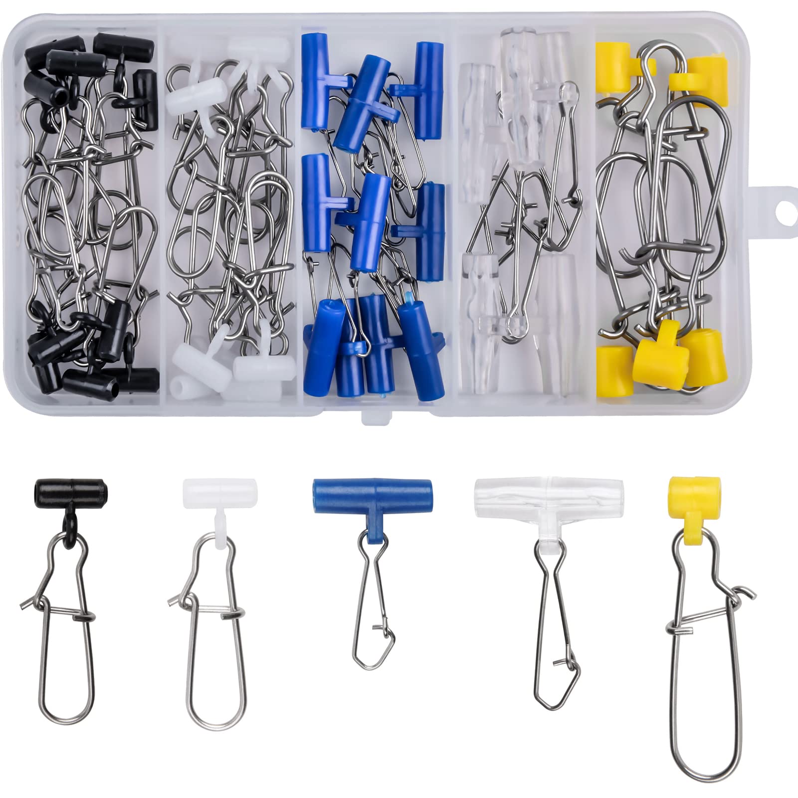 JSHANMEI Fishing Line Sinker Slides Braid Line Sinker Slider Snaps with Safety Snap High Strength Sinker Weight Connectors Fishing Tackle Box Kit