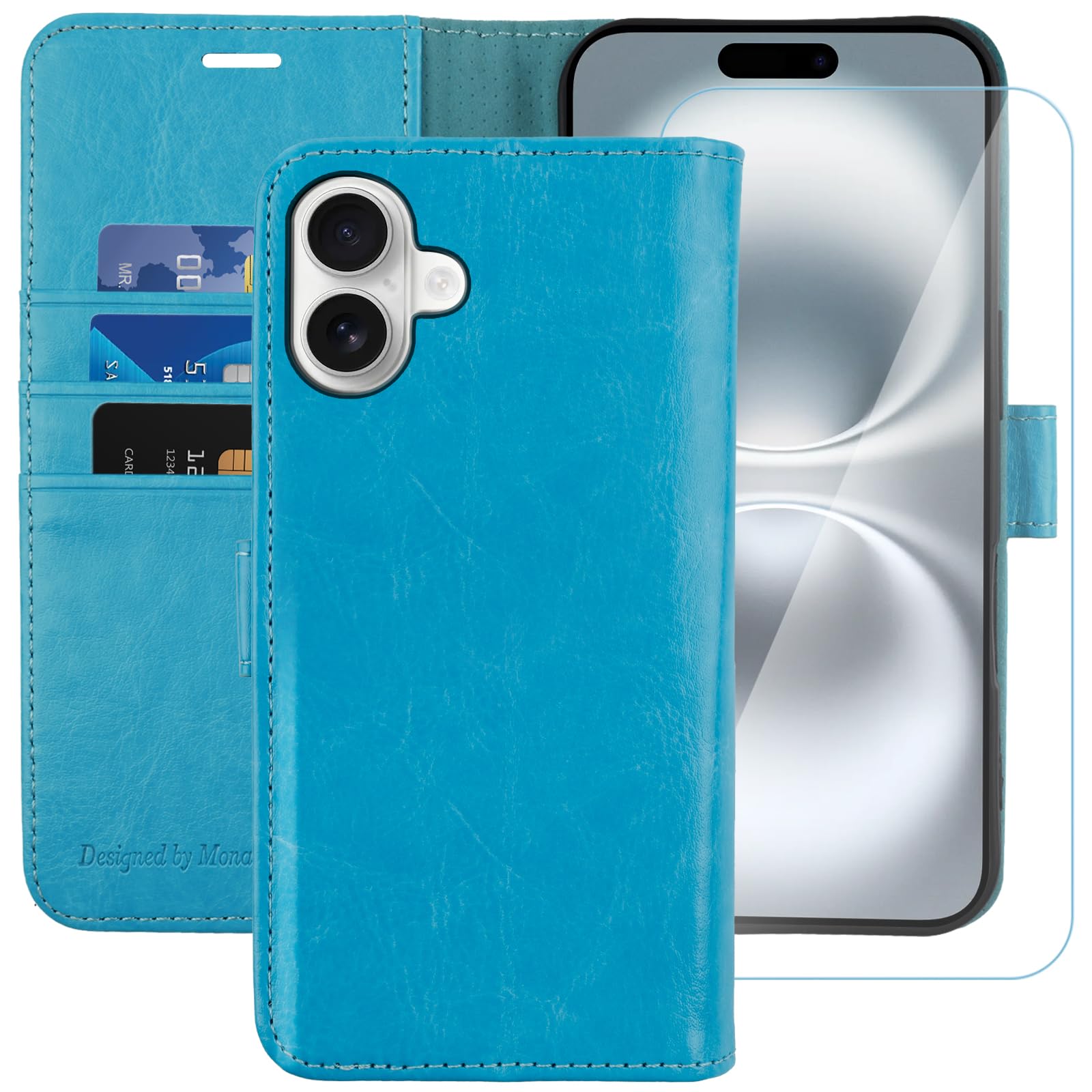 MONASAY for iPhone 16 5G wallet case,[Glass Screen Protector Included] [RFID Blocking] Flip Folio Leather Cell Phone Cover with Credit Card Holder, 6.1-inch, Light blue