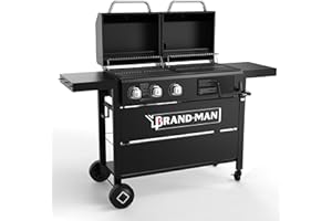 BRANDMAN GRILLS SINCE 1987 Brand-Man Propane Gas and Charcoal Grill Combo, Dual Fuel BBQ Combo Grill with Dual Lids & 2 Side Shelves for Outdoor Kitchen & Backyard Barbecue Cooking, Black