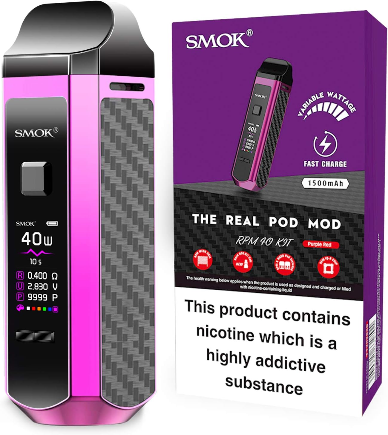 SMOK RPM 40 Vaping Kit,1500mAh Battery, 40W Output, Adjustable Airflow, 2mL Refillable Pod, Compact Pod System, E Cigarette