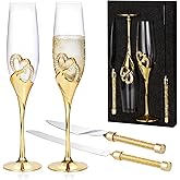 4 Piece Champagne Flutes and Cake Knife Server Set, Bride & Groom Toasting Flutes with Cake Cutting Set, Diamond Champagne Glasses Set for Wedding Reception or Anniversary Party, House Warming, Gold