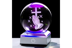Ornalrist 3.15" Crystal Ball Engraved 3D Hands Hold Cross Statue with LED Light Base, 3D Praying Hands Christian Religious Gifts for Women Men Friends Home Decor