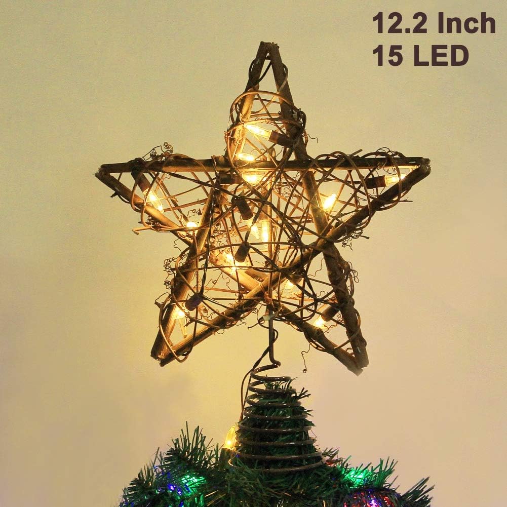 Tree Toppers - Twinkle Star Christmas Star Tree Topper, Rustic Rattan Treetop with 15 LED Lights Christmas Tree Holiday Xmas Party Decorations, 12.2 Inch (H)