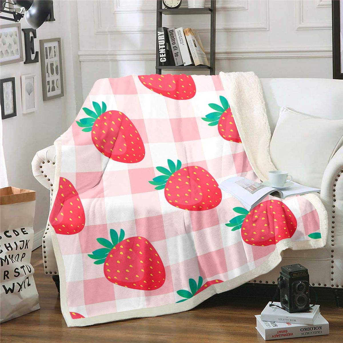Loussiesd Strawberry Throw Blanket Cute Pink Buffalo Plaid Sherpa Fleece Blankets and Throws Girls Kids Toddler Geometric Grid Lattice Flannel Fleece Blanket Soft Cozy Fuzzy Blanket Single 50x60 Inch — image 1