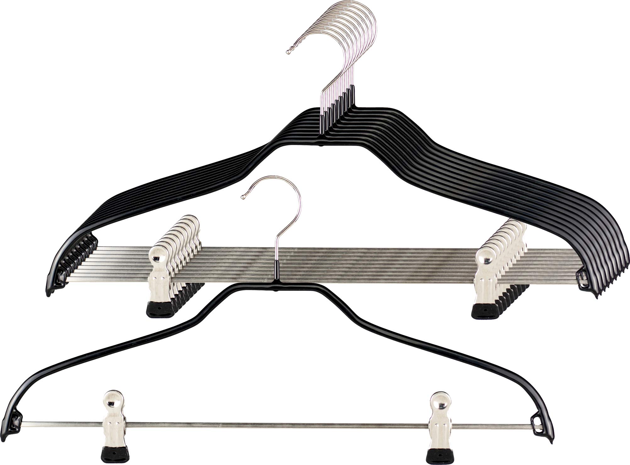 MAWA Hanger for Clothes, Silhouette FK, Set of 10, Space-saving and Universal, with Clip Bar for Trousers, Skirts and Tops, with Anti-slip Coating, 41 cm, Black