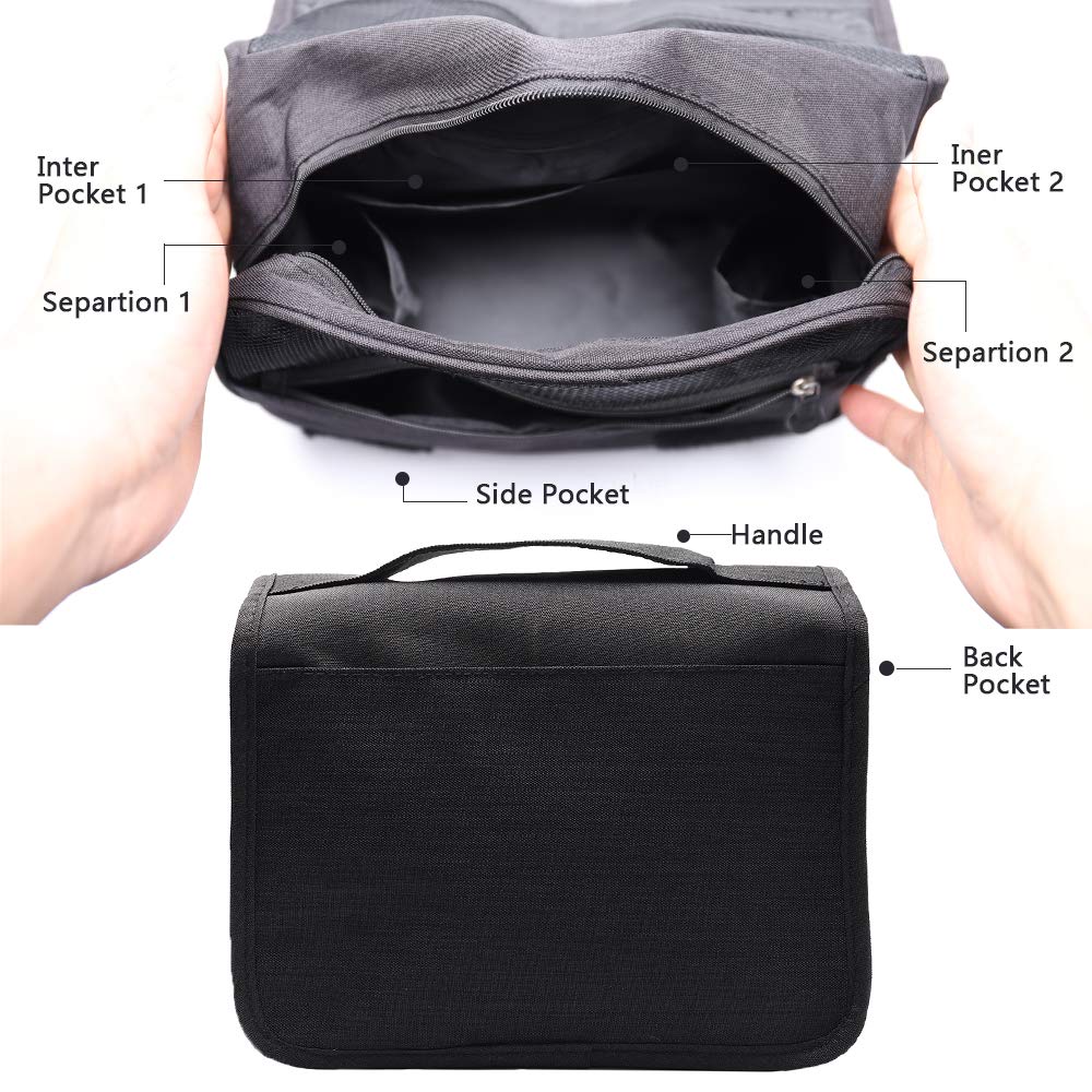 Water Resistant Hanging Toiletry Bag Cosmetic Bags with 8 Pouches Bathroom Shower Organizer Portable Durable for Men and Women (Black)