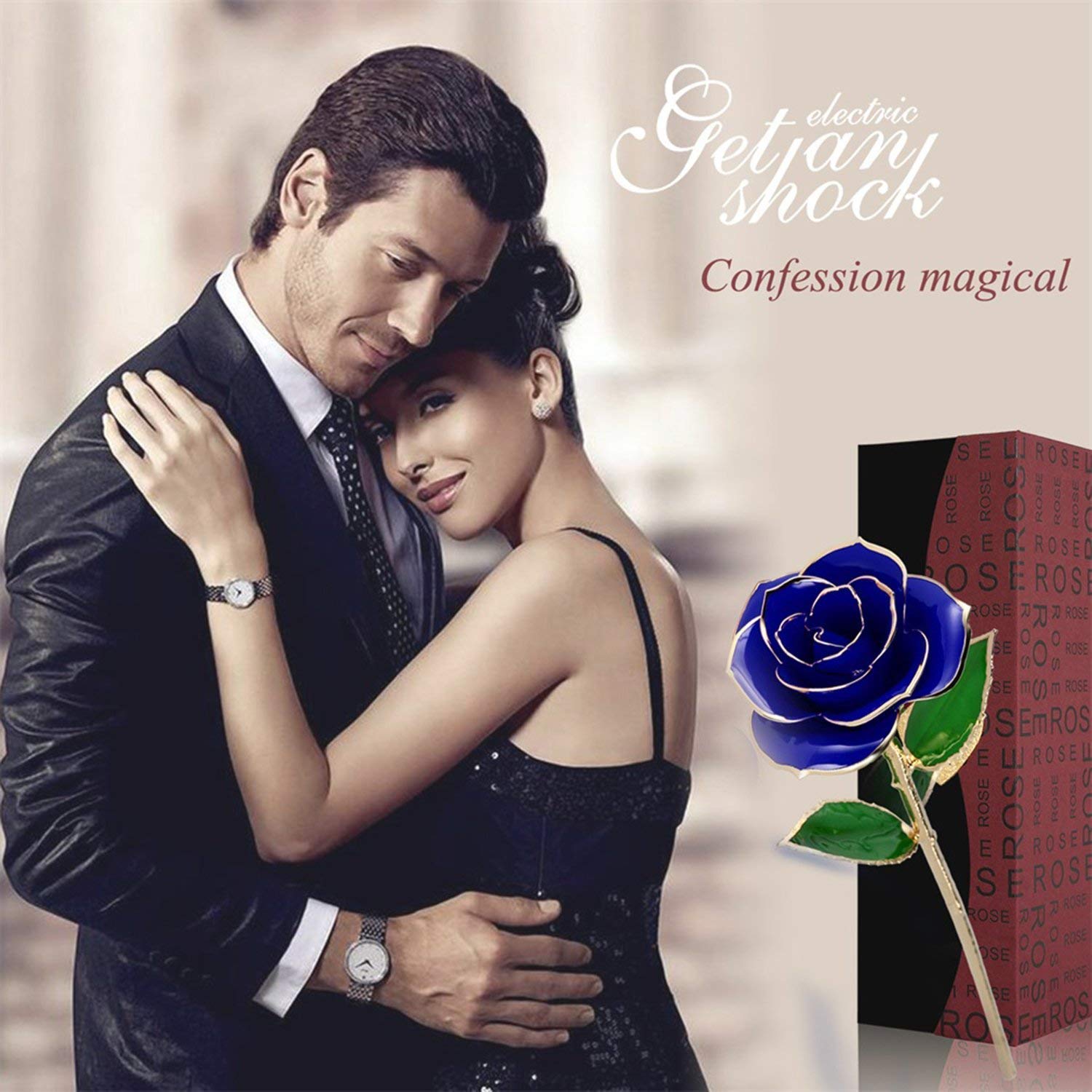 U-Kiss 24K Gold Rose Artificial Flowers, Long Stem Gold Rose Dipped, Gold Foil Trim Rose in Gift Box Women, Wedding, Party, Anniversary, Birthday, Valentines, Home Decor, Blue Rose Stand