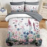 Nesker Comforter Set Queen Size, Watercolor Pink Wildflowers 7 Pcs Bedding for Kids and Adults, Pastoral Floral Bed Sheet Sets with Fitted Sheet 2 Pillowcases & 2 Shams