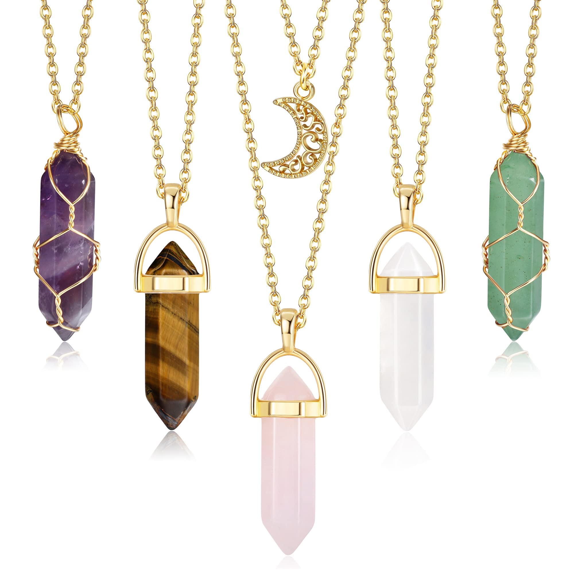 JeryWe 5pcs Crystal Pendant Necklace Spiritual Natural Healing Stone Amethyst Rose Quartz Gemstone Necklace Crystal Jewelry for Women (Gold)