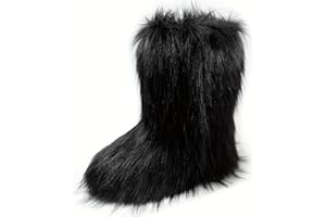 QMFUR Women's Furry Faux Fur Boots Fuzzy Fluffy Mid Calf Snow Boots Suede Warm Fur Lined Booties Flat Fashion Boots