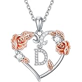 AOBOCO Rose Heart Necklaces Christmas Gifts for Women, 925 Sterling Silver Rose Love Heart Initial Letter Pendant Necklace Jewelry Mothers Day Lover Birthday Gifts for Her Mom Wife Girlfriend