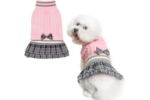 PAWCHIE Dog Sweater Dress with Bowtie - Dog Turtleneck Pullover Knitwear for Small Dogs Girls Cold Weather Sweater with Leash Hole, Suitable for Small Medium Dogs Puppies